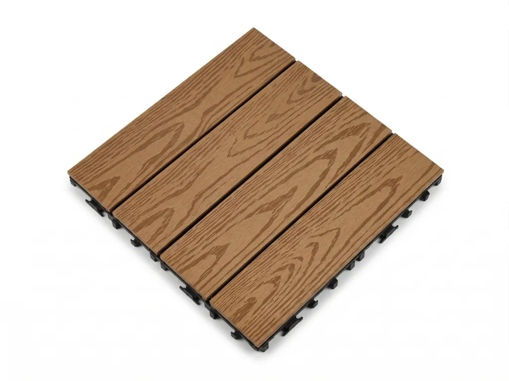 30x30cm DIY embossed WPC interlocking deck tiles with 3D wood grain texture and non-slip surface in natural timber color for garden and patio flooring.