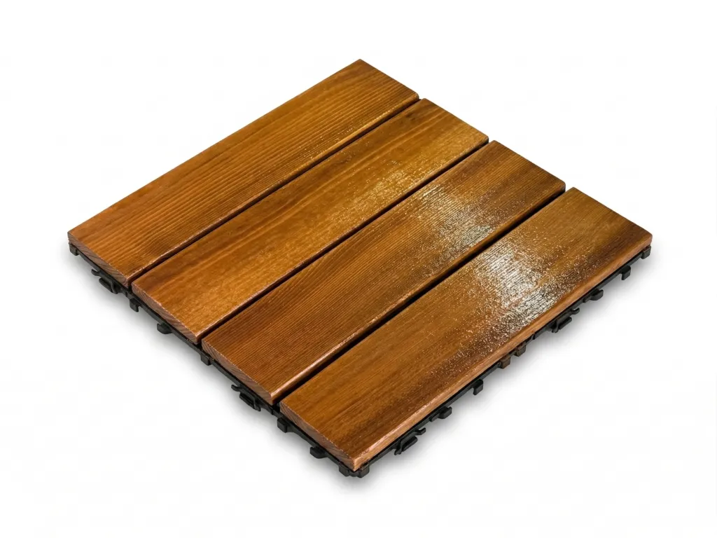 High-end 30x30cm premium four-slat interlocking solid wood floor tiles with exquisite natural grain and luxury matte finish for upscale outdoor and balcony design