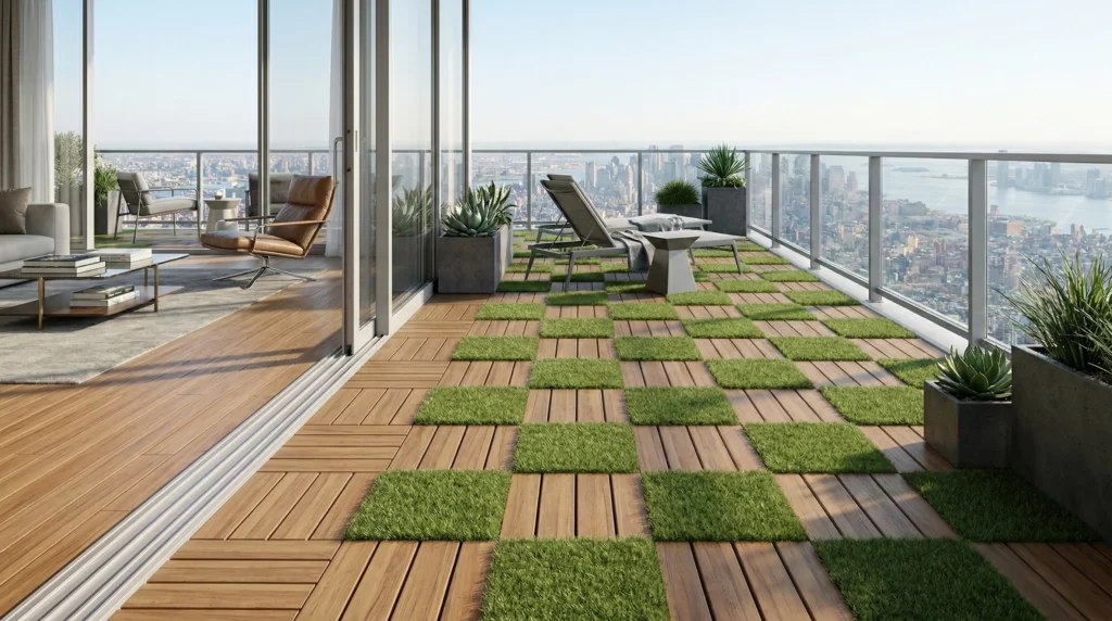 Indoor Outdoor Interlocking Wood and Artificial Grass Deck Tiles Checkerboard Design, Large Balcony Patio Flooring Decor