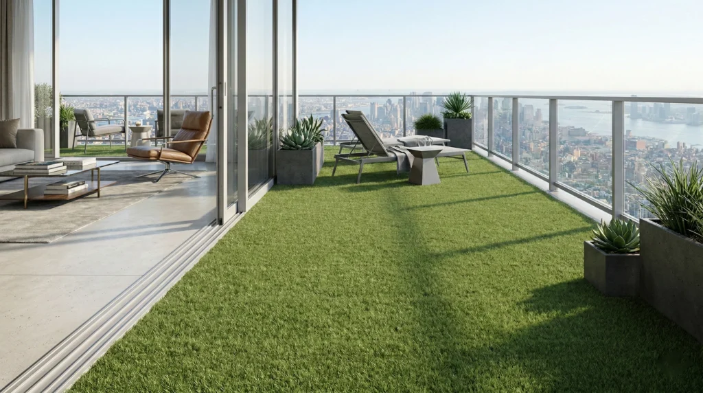 Full Coverage Artificial Grass Interlocking Deck Tiles, Luxury High-Rise Balcony Patio Outdoor Flooring with City View