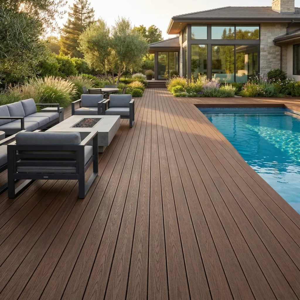 Modern outdoor backyard patio featuring Structa Deck premium WPC decking with realistic wood grain texture and elegant furniture set.