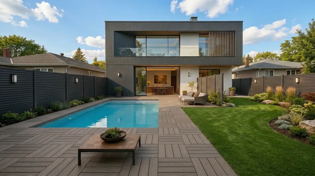 Modern outdoor living space featuring Structa Deck full product range including WPC wall panels, interlocking deck tiles, privacy fencing, and artificial grass tiles.