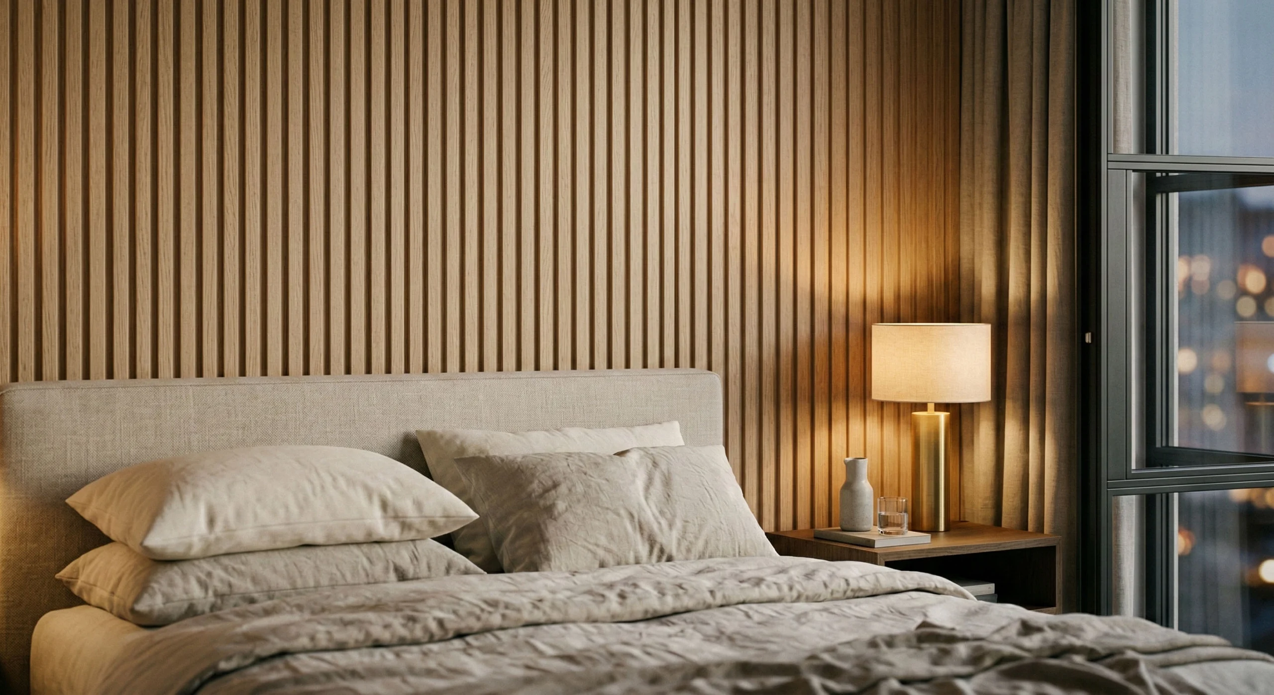 Natural Wood Slat WPC Wall Panel, Interior Decorative Composite Wall Panel for Bedroom