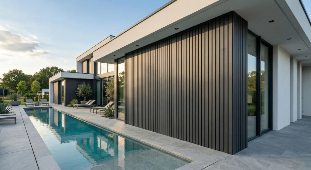 Dark Gray Exterior WPC Wall Cladding, Weatherproof Composite Wall Panel for Villa Poolside