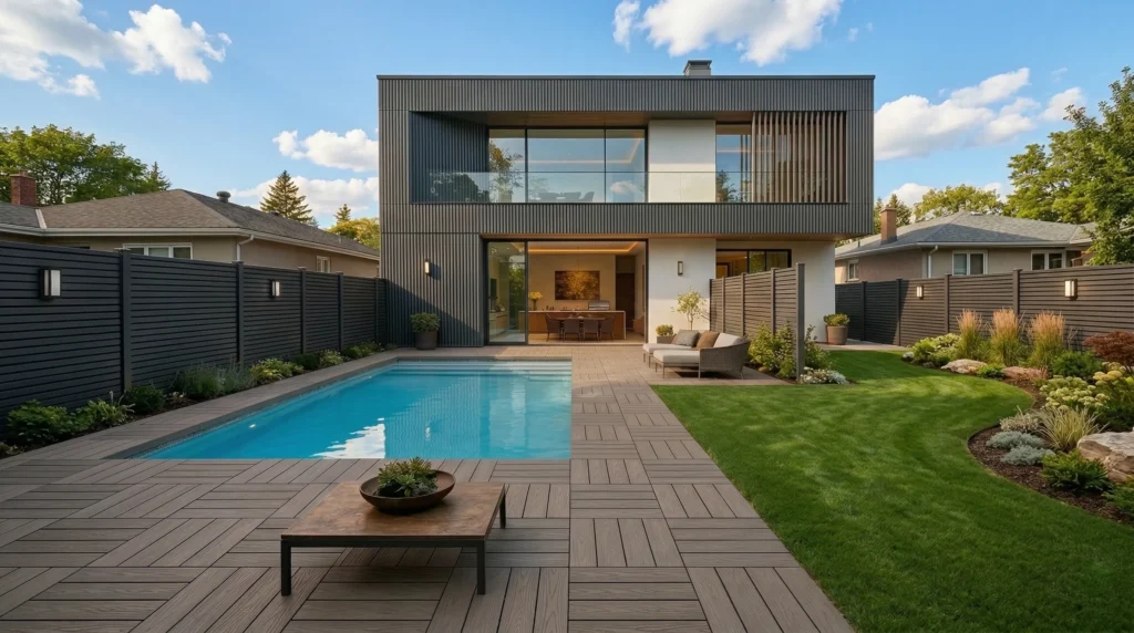 Modern outdoor living space featuring Structa Deck full product range including WPC wall panels, interlocking deck tiles, privacy fencing, and artificial grass tiles.