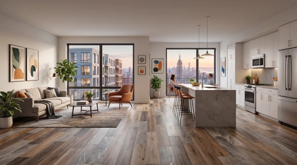 Modern open-plan apartment with a living area, kitchen, large windows, and city views. Two people sit at the kitchen island; the space is decorated with plants and contemporary art.